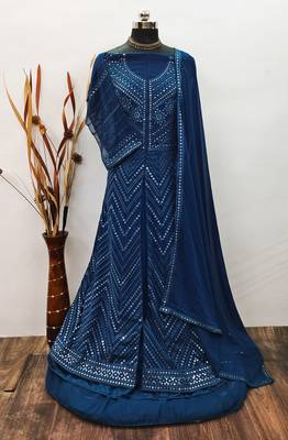 TEAL BLUE PARTY WEAR GEORGETTE EMBROIDERED DRESS MATERIAL 4