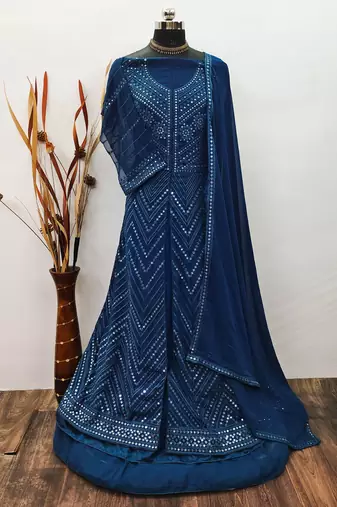 TEAL BLUE PARTY WEAR GEORGETTE EMBROIDERED DRESS MATERIAL