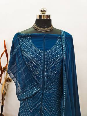 TEAL BLUE PARTY WEAR GEORGETTE EMBROIDERED DRESS MATERIAL 5