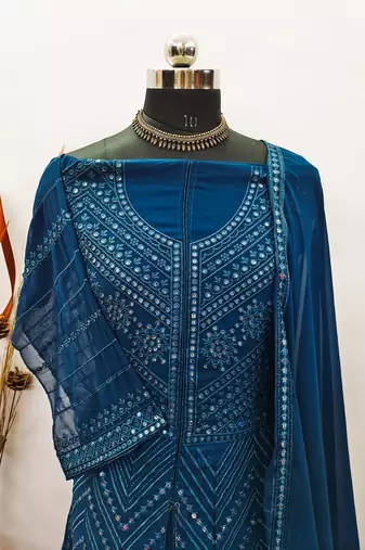 TEAL BLUE PARTY WEAR GEORGETTE EMBROIDERED DRESS MATERIAL