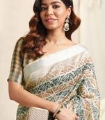 Off White Cotton Block Print Silver Zari Border Saree With Unstitched Blouse Piece