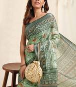Green Cotton Leaf Print Silver Zari Border Saree With Unstitched Blouse Piece