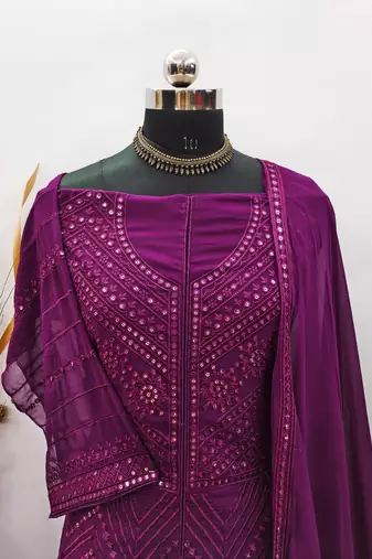WINE PARTY WEAR GEORGETTE EMBROIDERED DRESS MATERIAL
