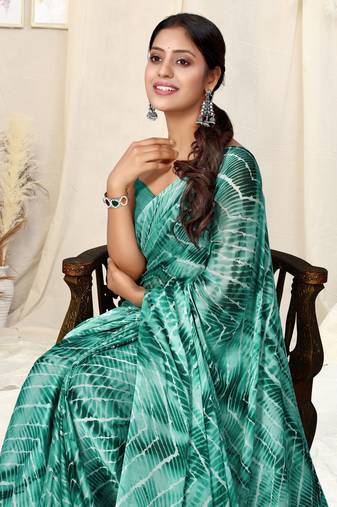 Teal Chiffon Shibori Print Tassels Saree With Unstitched Blouse Piece