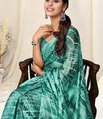 Teal Chiffon Shibori Print Tassels Saree With Unstitched Blouse Piece