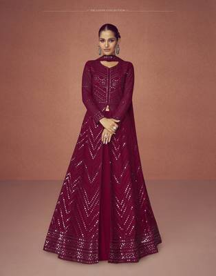 MAROON PARTY WEAR GEORGETTE EMBROIDERED DRESS MATERIAL 1