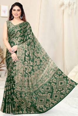 Green Chiffon Floral Print Saree With Unstitched Blouse Piece 2
