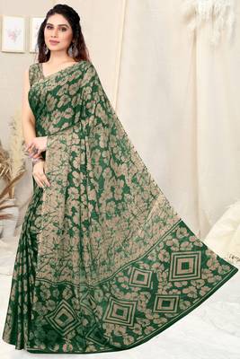 Green Chiffon Floral Print Saree With Unstitched Blouse Piece 3
