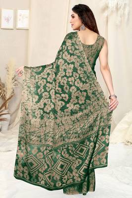 Green Chiffon Floral Print Saree With Unstitched Blouse Piece 4