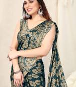 Teal Chiffon Floral Print Saree With Unstitched Blouse Piece