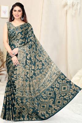 Teal Chiffon Floral Print Saree With Unstitched Blouse Piece 2