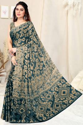 Teal Chiffon Floral Print Saree With Unstitched Blouse Piece 3