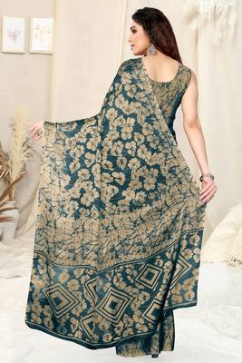Teal Chiffon Floral Print Saree With Unstitched Blouse Piece 4