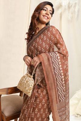 Brown Cotton Ikkat Print Tassels Saree With Unstitched Blouse Piece 1