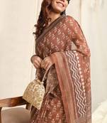 Brown Cotton Ikkat Print Tassels Saree With Unstitched Blouse Piece