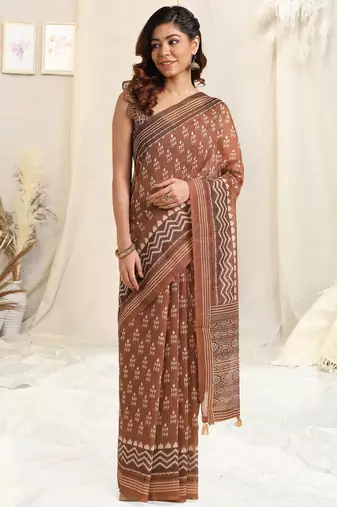 Brown Cotton Ikkat Print Tassels Saree With Unstitched Blouse Piece