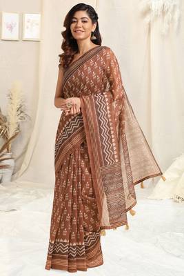Brown Cotton Ikkat Print Tassels Saree With Unstitched Blouse Piece 3