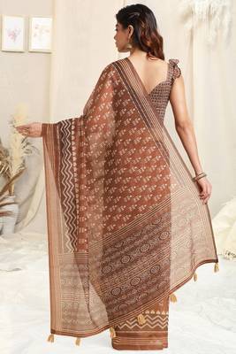 Brown Cotton Ikkat Print Tassels Saree With Unstitched Blouse Piece 4