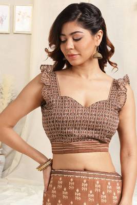 Brown Cotton Ikkat Print Tassels Saree With Unstitched Blouse Piece 5
