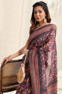 Purple Cotton Kalamkari Print Tassels Saree With Unstitched Blouse Piece 1