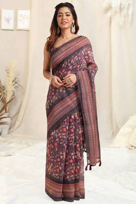 Purple Cotton Kalamkari Print Tassels Saree With Unstitched Blouse Piece 2