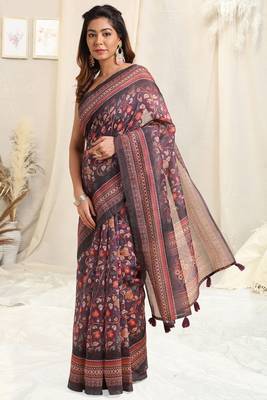 Purple Cotton Kalamkari Print Tassels Saree With Unstitched Blouse Piece 3