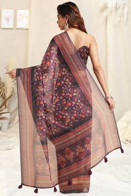 Purple Cotton Kalamkari Print Tassels Saree With Unstitched Blouse Piece 4
