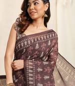 Wine cotton ikkat print tassels saree with unstitched blouse piece
