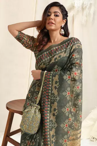 Dusty green cotton ikkat print tassels saree with unstitched blouse piece