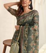Dusty green cotton ikkat print tassels saree with unstitched blouse piece