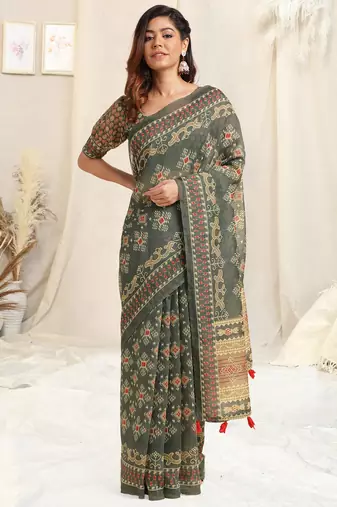 Dusty green cotton ikkat print tassels saree with unstitched blouse piece
