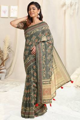 Dusty green cotton ikkat print tassels saree with unstitched blouse piece 3
