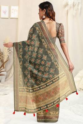 Dusty green cotton ikkat print tassels saree with unstitched blouse piece 4