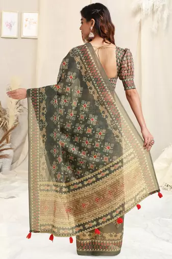 Dusty green cotton ikkat print tassels saree with unstitched blouse piece