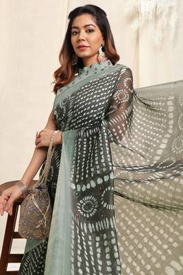 Dark Grey Cotton Block Print Saree With Unstitched Blouse Piece 2