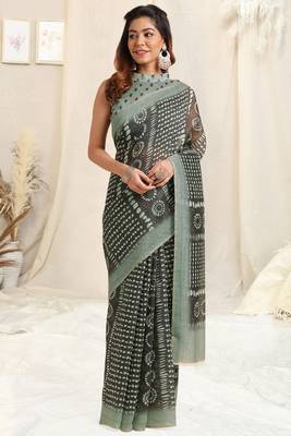 Dark Grey Cotton Block Print Saree With Unstitched Blouse Piece 1