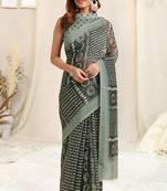 Dark Grey Cotton Block Print Saree With Unstitched Blouse Piece