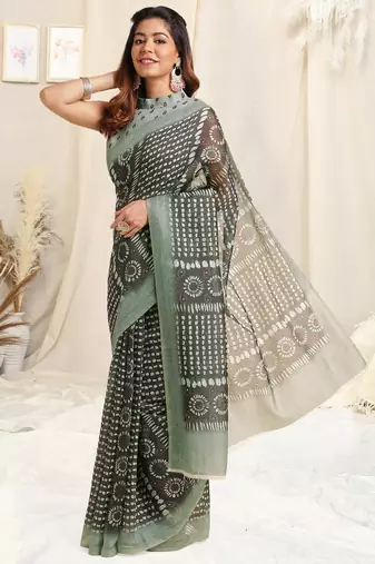 Dark Grey Cotton Block Print Saree With Unstitched Blouse Piece