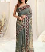 Grey Cotton Block Print Saree With Unstitched Blouse Piece