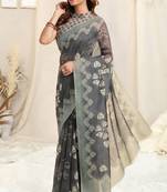 Grey Cotton Block Print Saree With Unstitched Blouse Piece