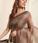 Brown cotton block print saree with unstitched blouse piece