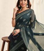 Navy Blue Cotton Block Print Saree With Unstitched Blouse Piece