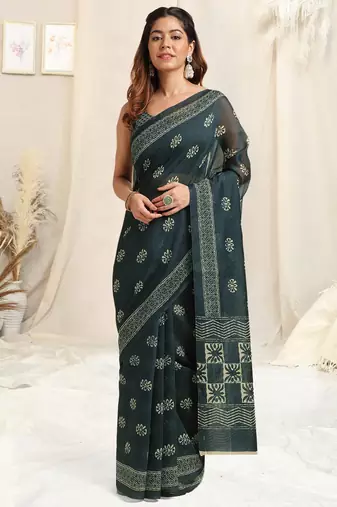 Navy Blue Cotton Block Print Saree With Unstitched Blouse Piece