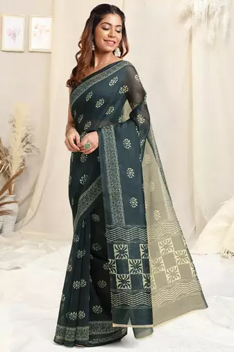 Navy Blue Cotton Block Print Saree With Unstitched Blouse Piece