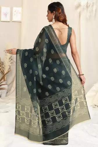 Navy Blue Cotton Block Print Saree With Unstitched Blouse Piece