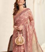 Light Brown Cotton Floral Print Saree With Unstitched Blouse Piece