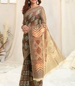 Beige Cotton Ajrakh Print Saree With Unstitched Blouse Piece