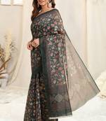 Dark Grey Cotton Floral Print Saree With Unstitched Blouse Piece