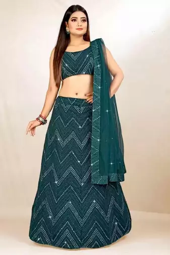 Bottle green 3mm sequins and Thread embroidered Georgette fabric lehenga choli