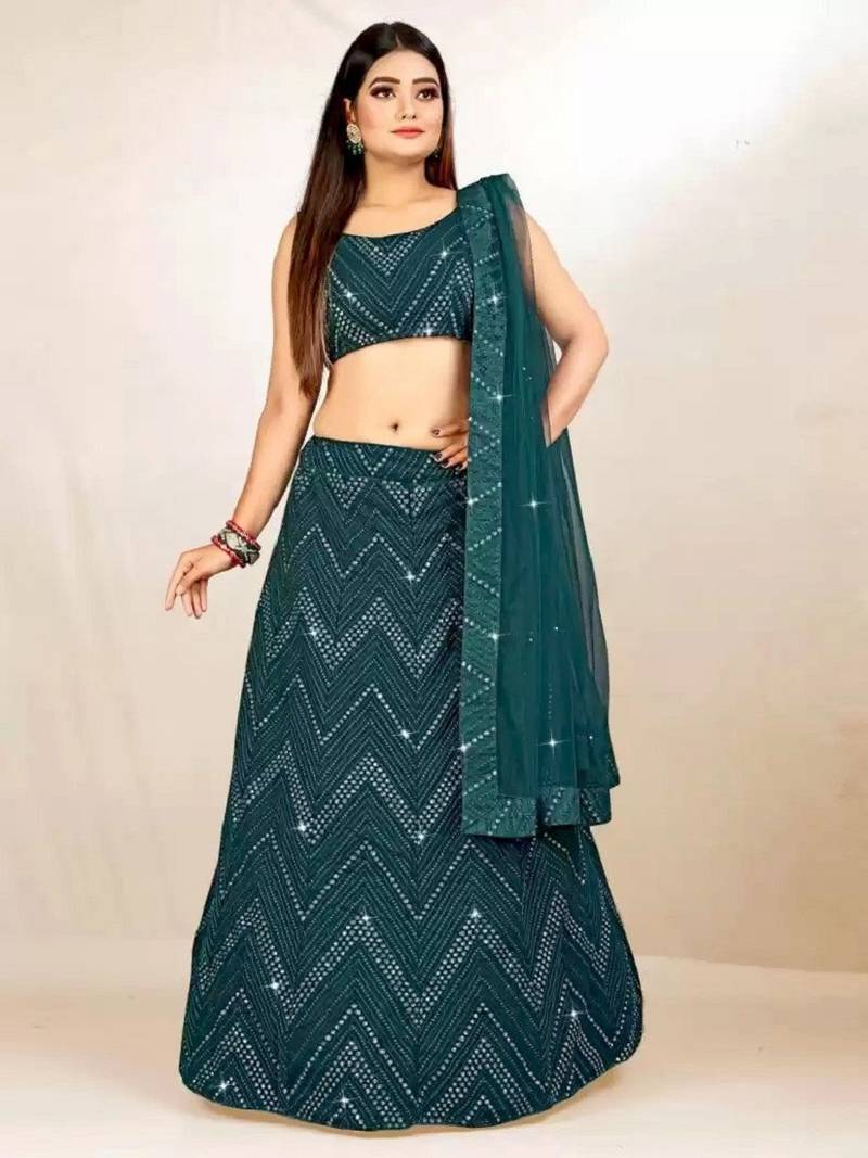 Bottle green 3mm sequins and Thread embroidered Georgette fabric lehenga choli